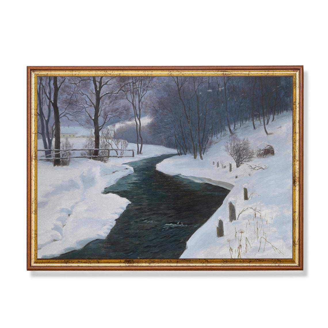 Dark Open River Flowing Through a Snowy Forest Moody Scene Poster