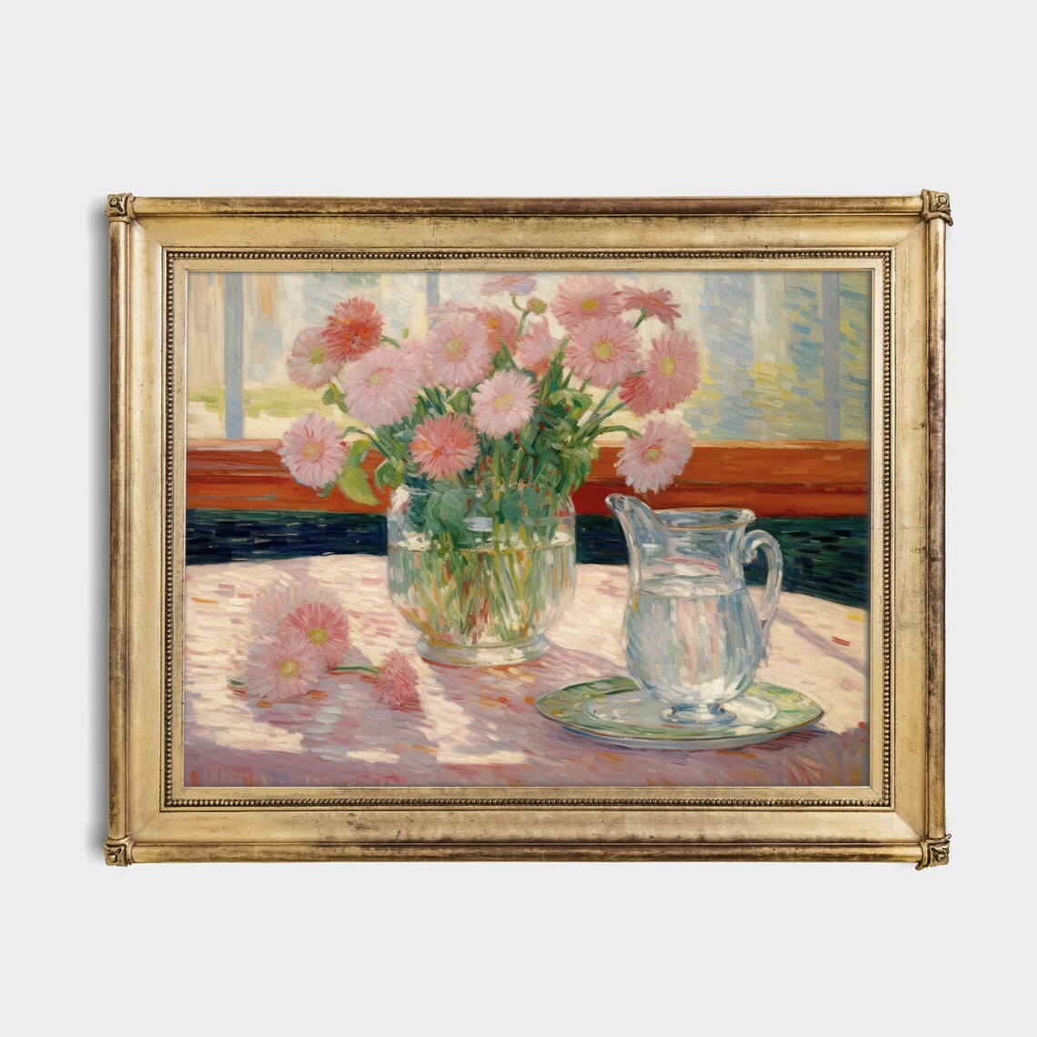 Pink Daisies In A Glass Vase Sunlit Kitchen Table Still Life Poster - Image 4