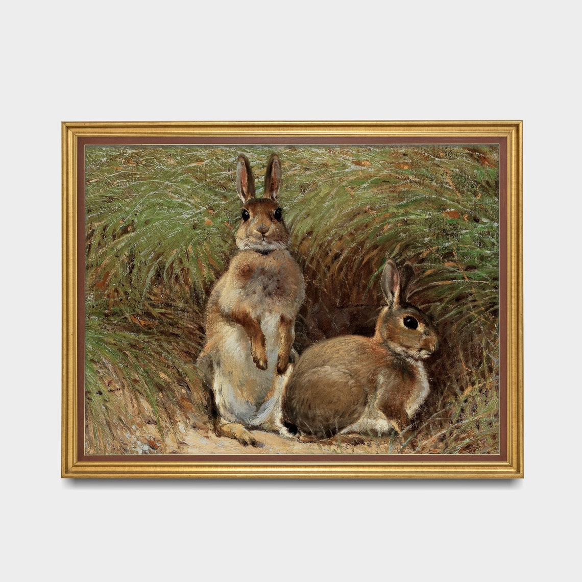 Two Rabbits by a Burrow in Tall Grass Antique Animal Art Poster - Image 3