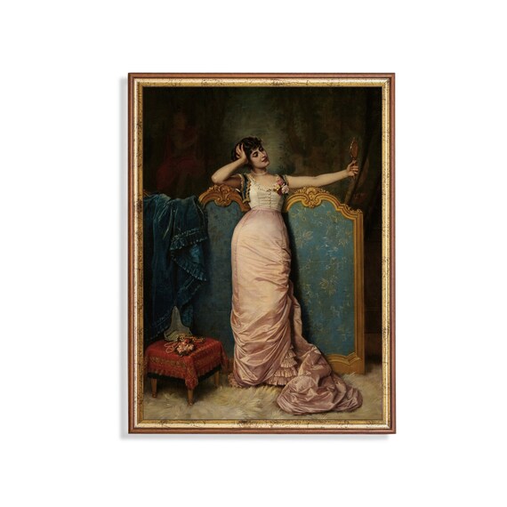 Elegant Woman Holding a Hand Mirror in a Pink Silk Gown Poster