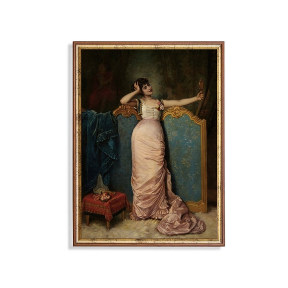 Printed And Shipped Woman Portrait Painting Vintage Prints Female Moody Rustic Art Victorian Vanity Decor Admiring Looks In Mirror