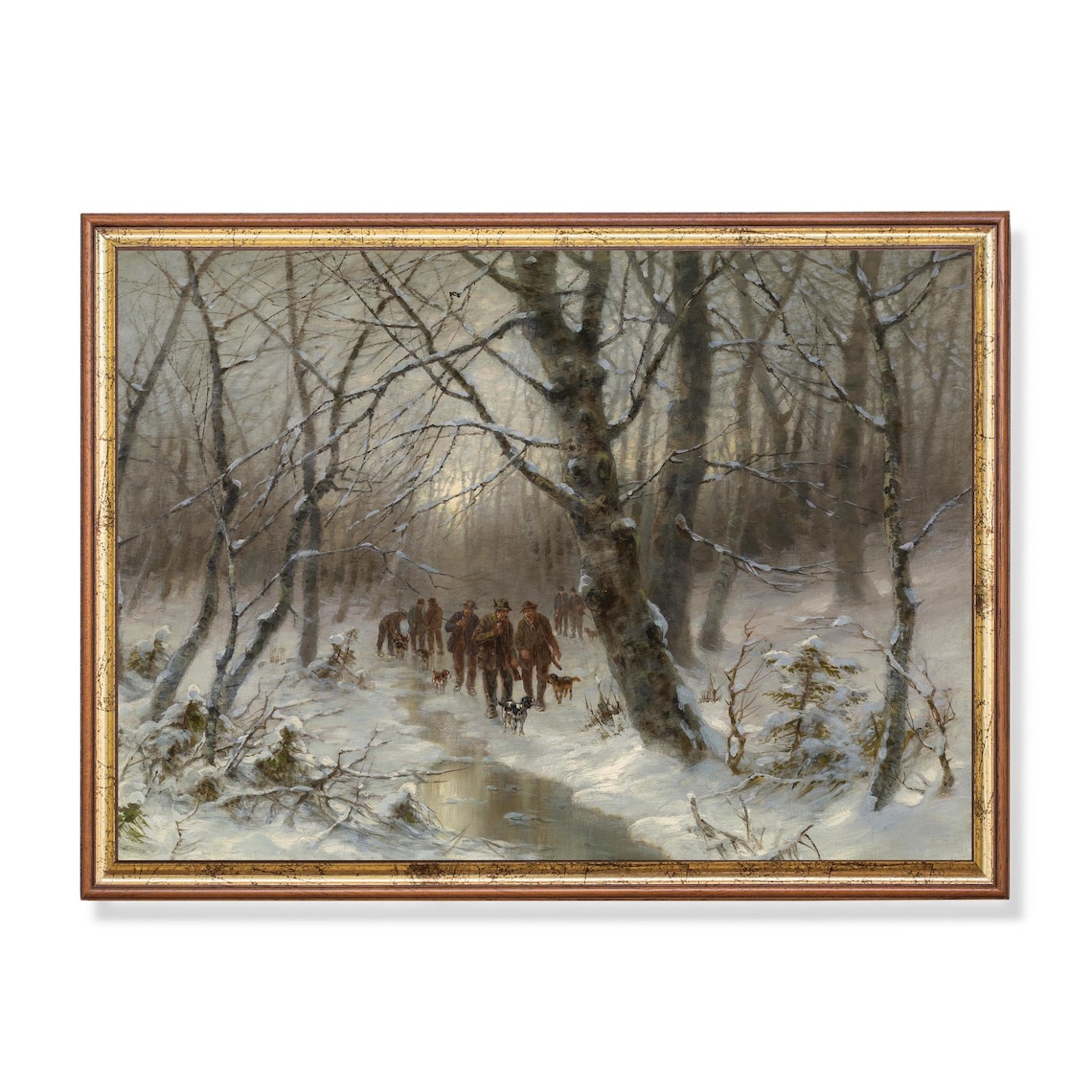 Party Of Hunters With Dogs In A Snowy Winter Forest Vintage Poster