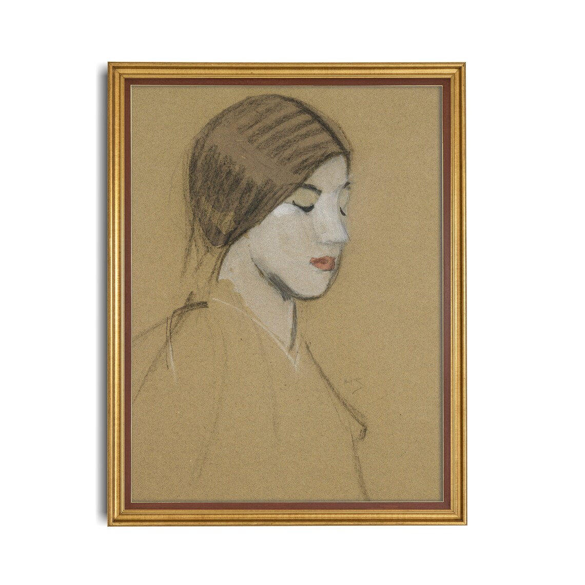 Sketch Portrait of a Woman in Profile Tan Background Vintage Poster - Image 2