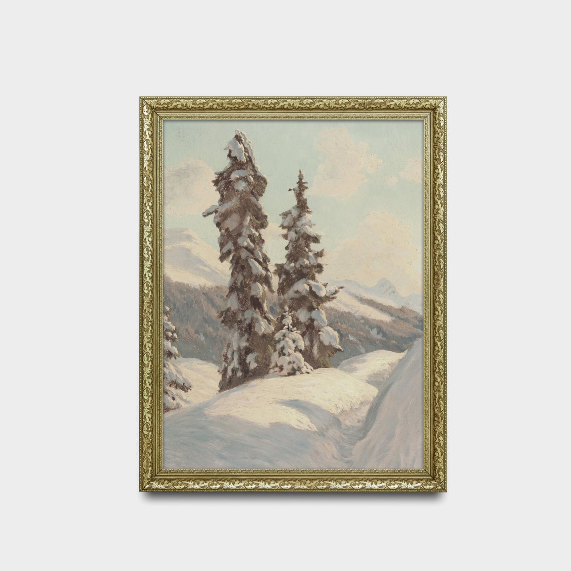 Two Snow-Laden Firs on an Alpine Hillside Crisp Winter Poster - Image 2