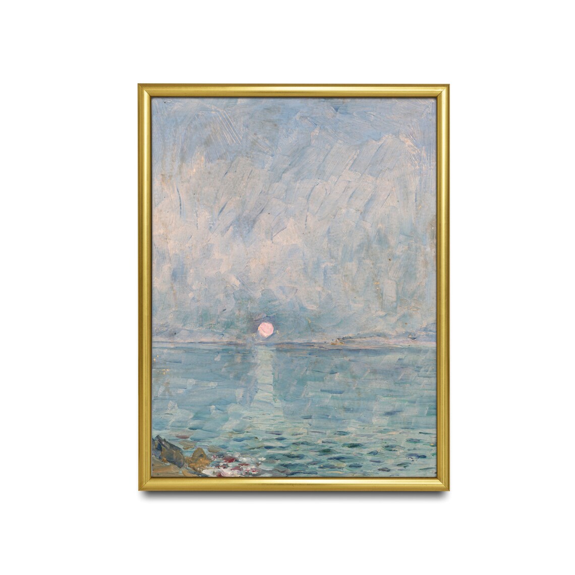 Pale Sun Over Calm Sea Impressionist Coastal Seascape Art Poster