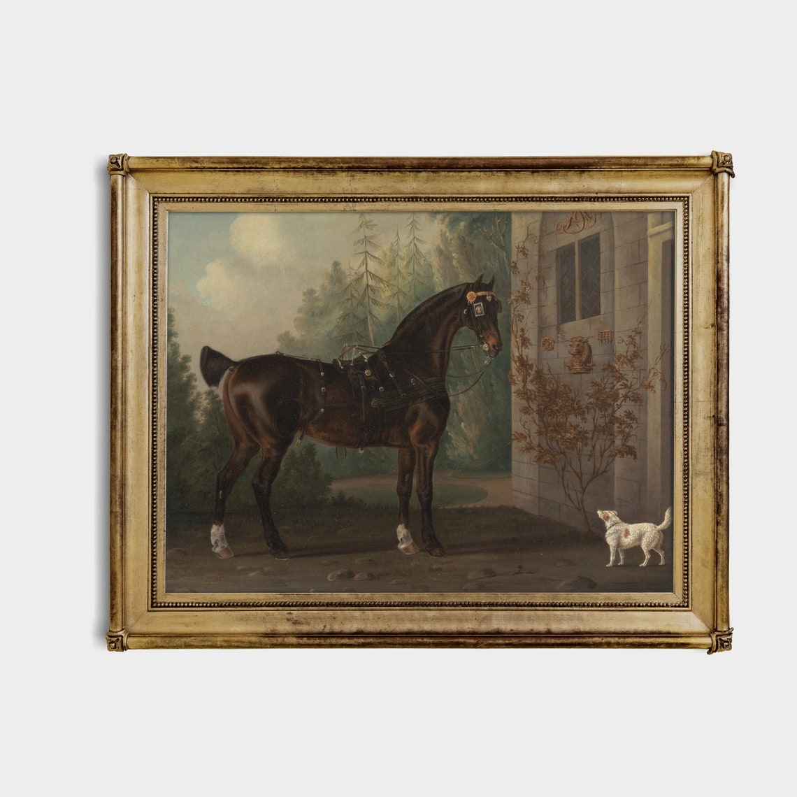 Antique Harnessed Dark Bay Horse with White Terrier Vintage Poster - Image 2