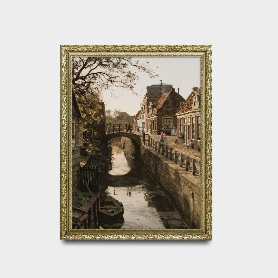 European Canal Town With Stone Bridge Vintage Cityscape Poster - Image 2
