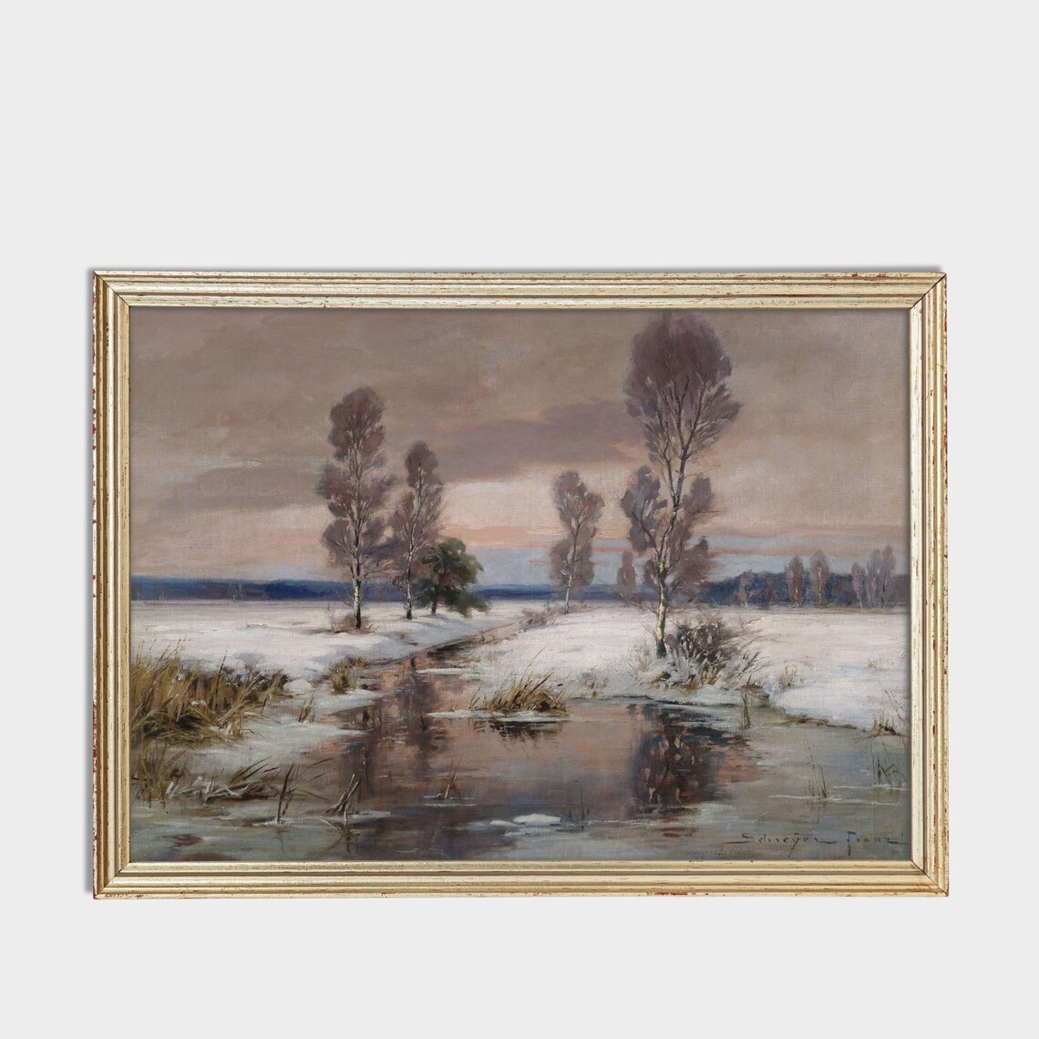 Birch Trees Snowy Stream Dusk Winter Landscape Signed Art Poster - Image 3