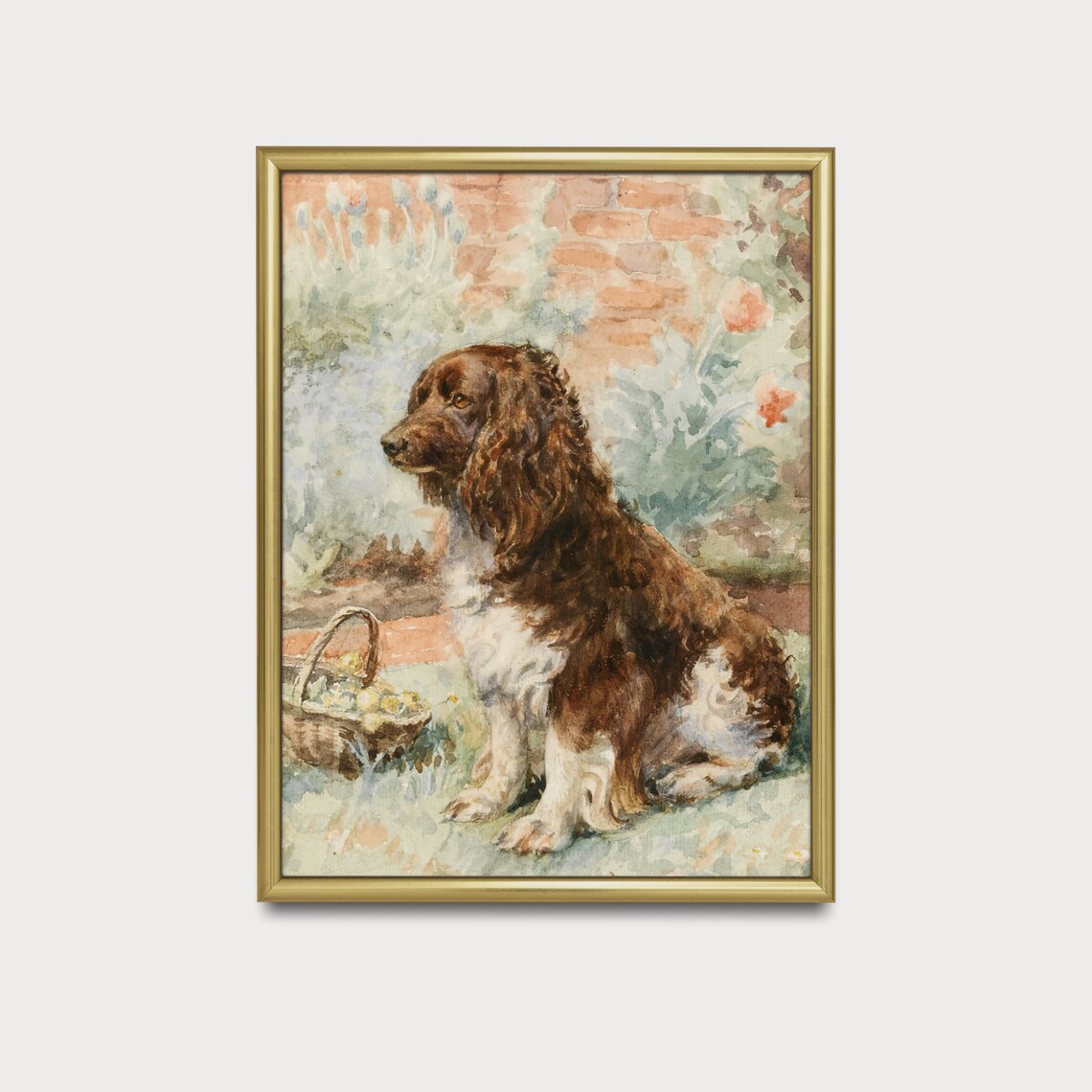 Brown and White Cocker Spaniel Watercolor Garden Portrait Poster - Image 5
