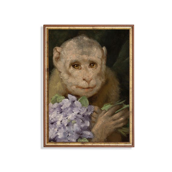 Mailed Print Vintage Monkey Painting Antique Animal Print Moody Rustic Art Print And Ship Monkey With Bouquet Of Flowers