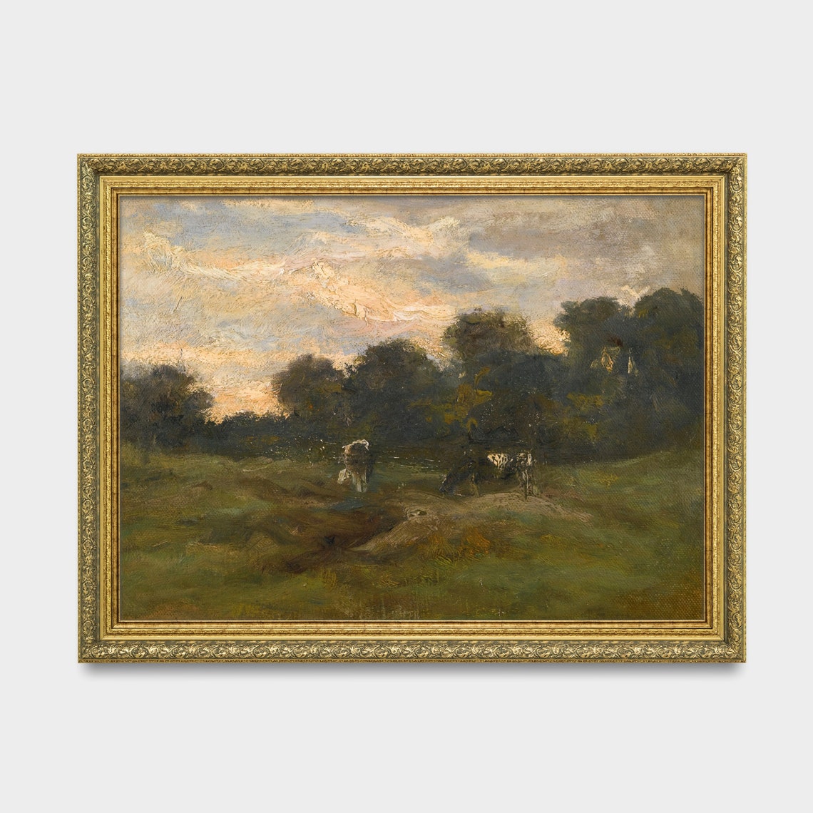 Cows Grazing at Dusk in a Dark Wooded Pasture Landscape Poster - Image 2