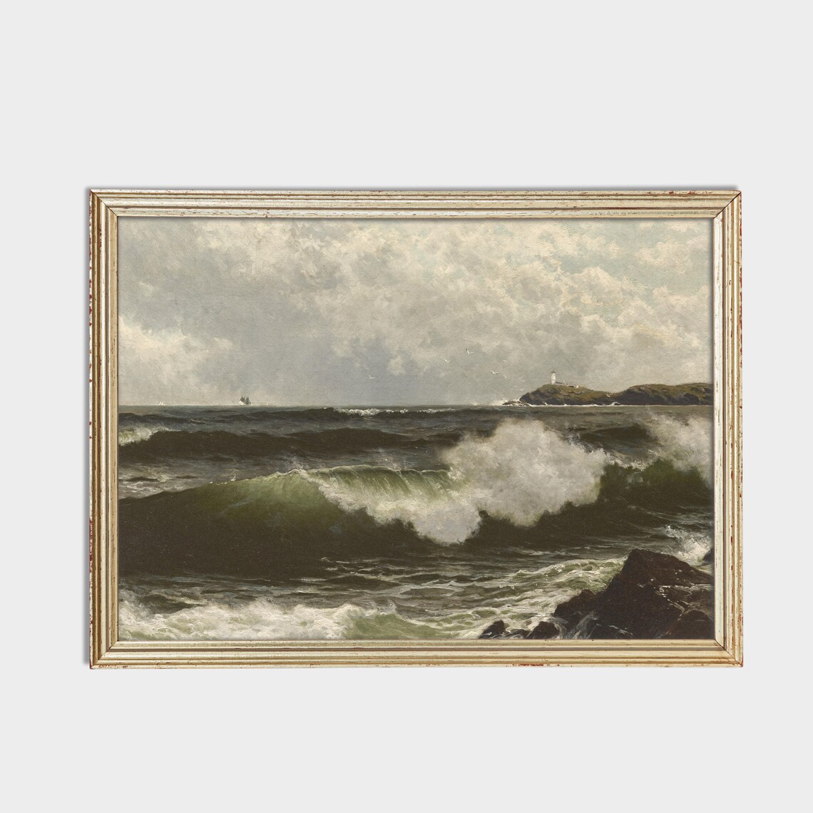 Crashing Waves by Rocky Coast Lighthouse Vintage Seascape Poster - Image 2