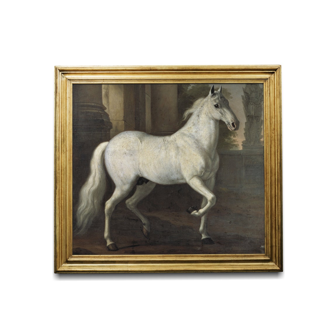 White Stallion Prancing Before Columns Classical Equestrian Poster - Image 4