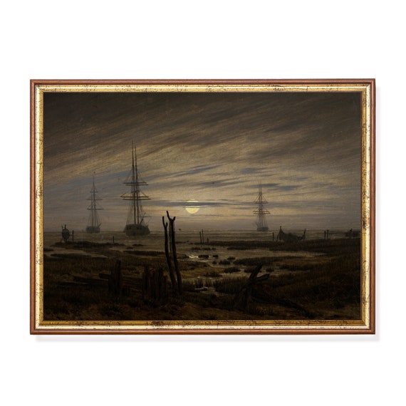 Printed And Shipped Vintage Painting Ship At Anchor Antique Art Print Nautical Decor Moody Rustic Prints Dark Academia