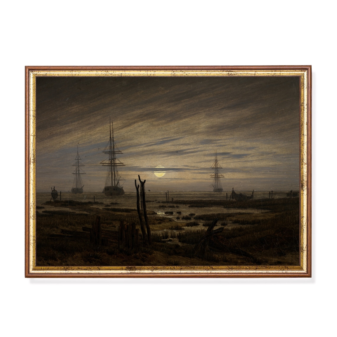 Golden Moonrise Over Tall Ships in a Misty Harbor Vintage Poster