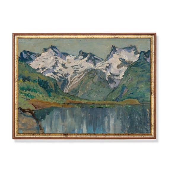 Print And Ship Vintage Mountain Lake Painting Antique Landscape Print Nature Oil Painting Mailed Print Farmhouse Decor