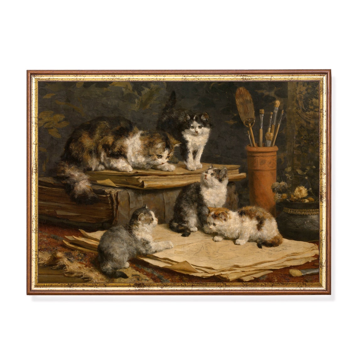 Mother Cat with Playful Kittens at an Artist's Studio Easel Poster