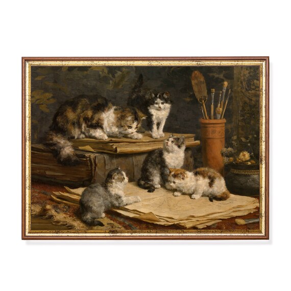 Mother Cat with Playful Kittens at an Artist's Studio Easel Poster