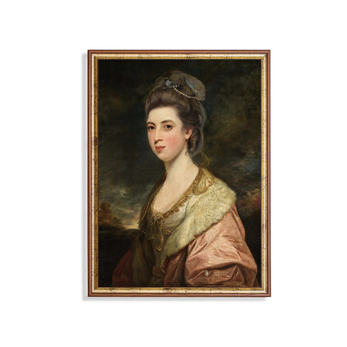 Elegant Lady in Rose Gown Fur Stole Vintage Portrait Oil Painting Poster