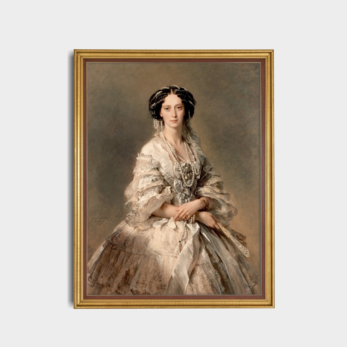 Vintage Portrait of a Lady in a White Lace Gown With Pearls Poster - Image 2