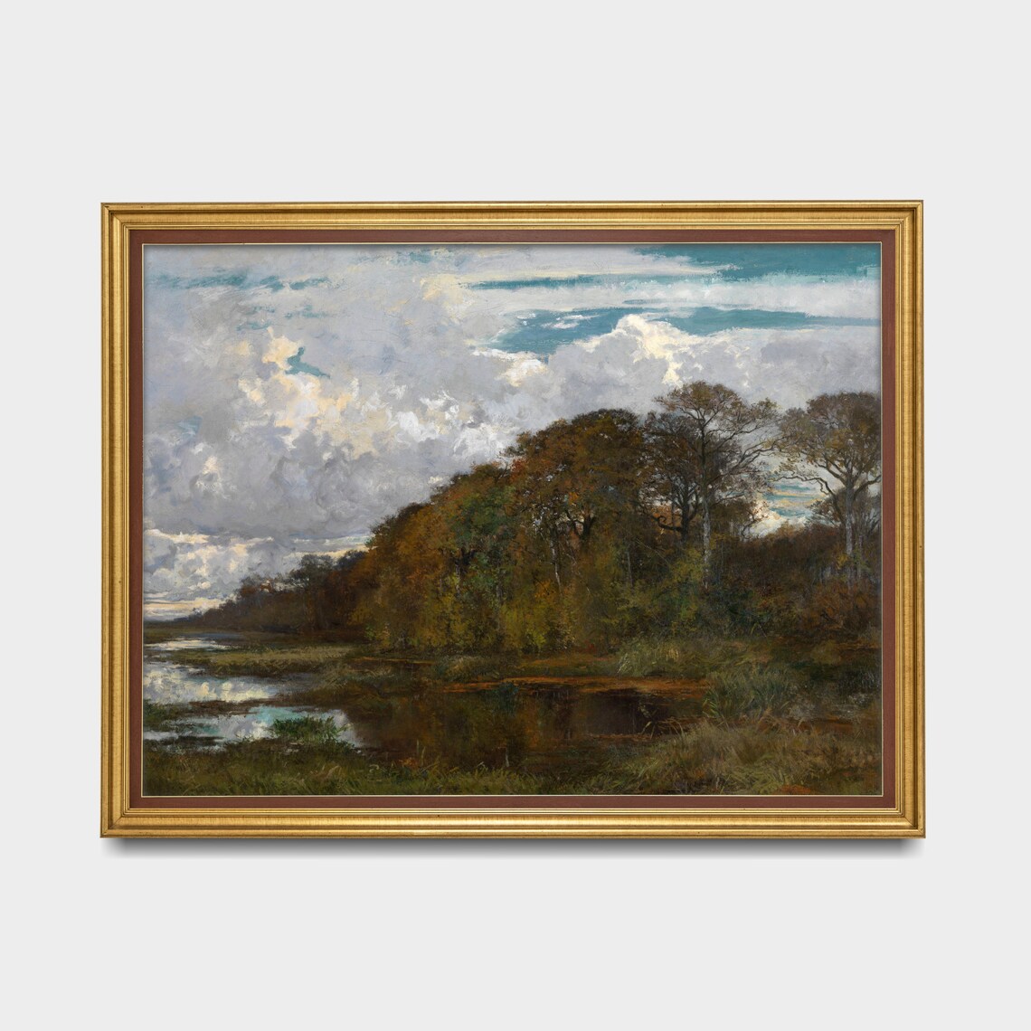 Marshy River Under Cloudy Sky Vintage Woodland Landscape Poster - Image 3