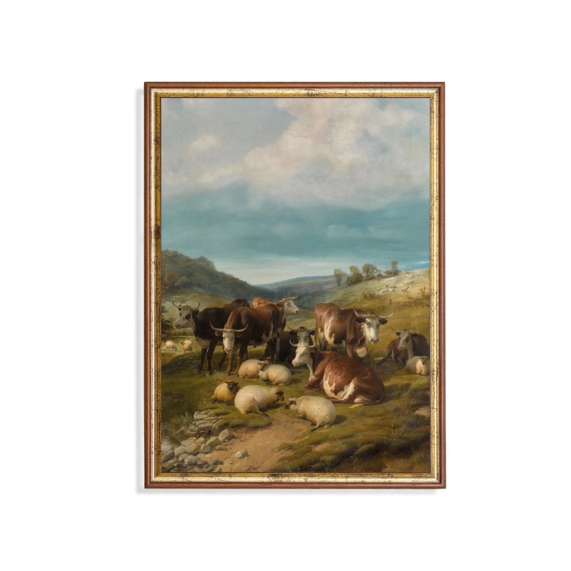 Herd of Cattle and Sheep Resting in a Rolling Green Pasture Poster