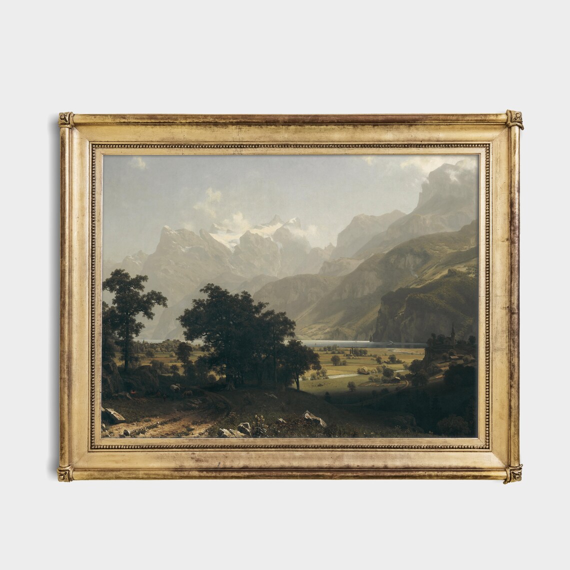 Alpine Valley Lake With Snow Peaks Vintage Mountain Landscape Poster - Image 2