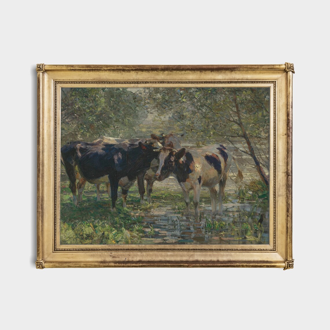 Cows Wading in a Shaded Woodland River Vintage Cattle Poster - Image 3