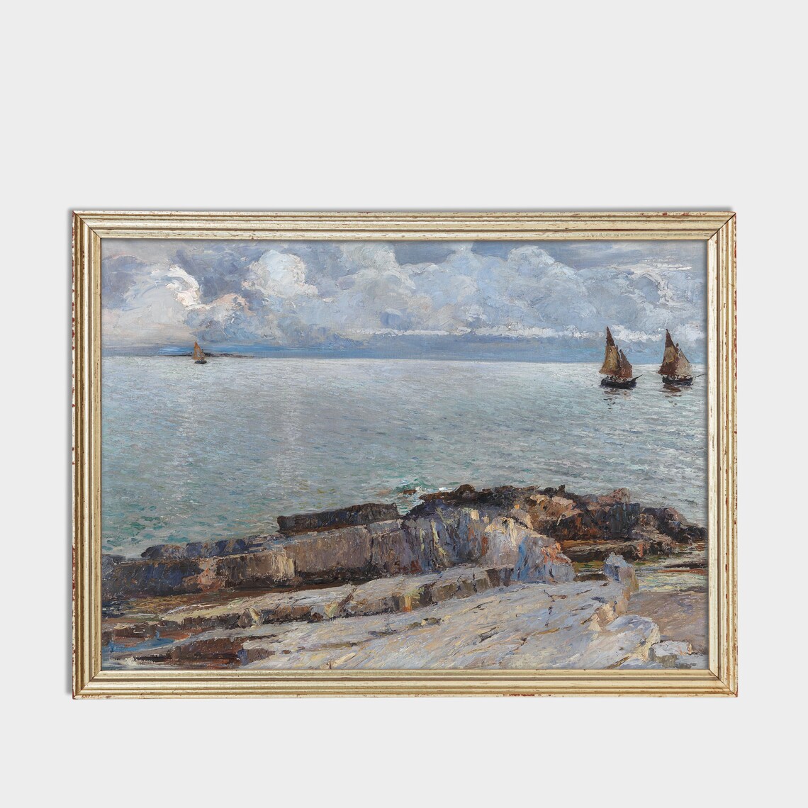 Rocky Coastline Seascape With Sailboats Under a Cloudy Sky Poster - Image 3