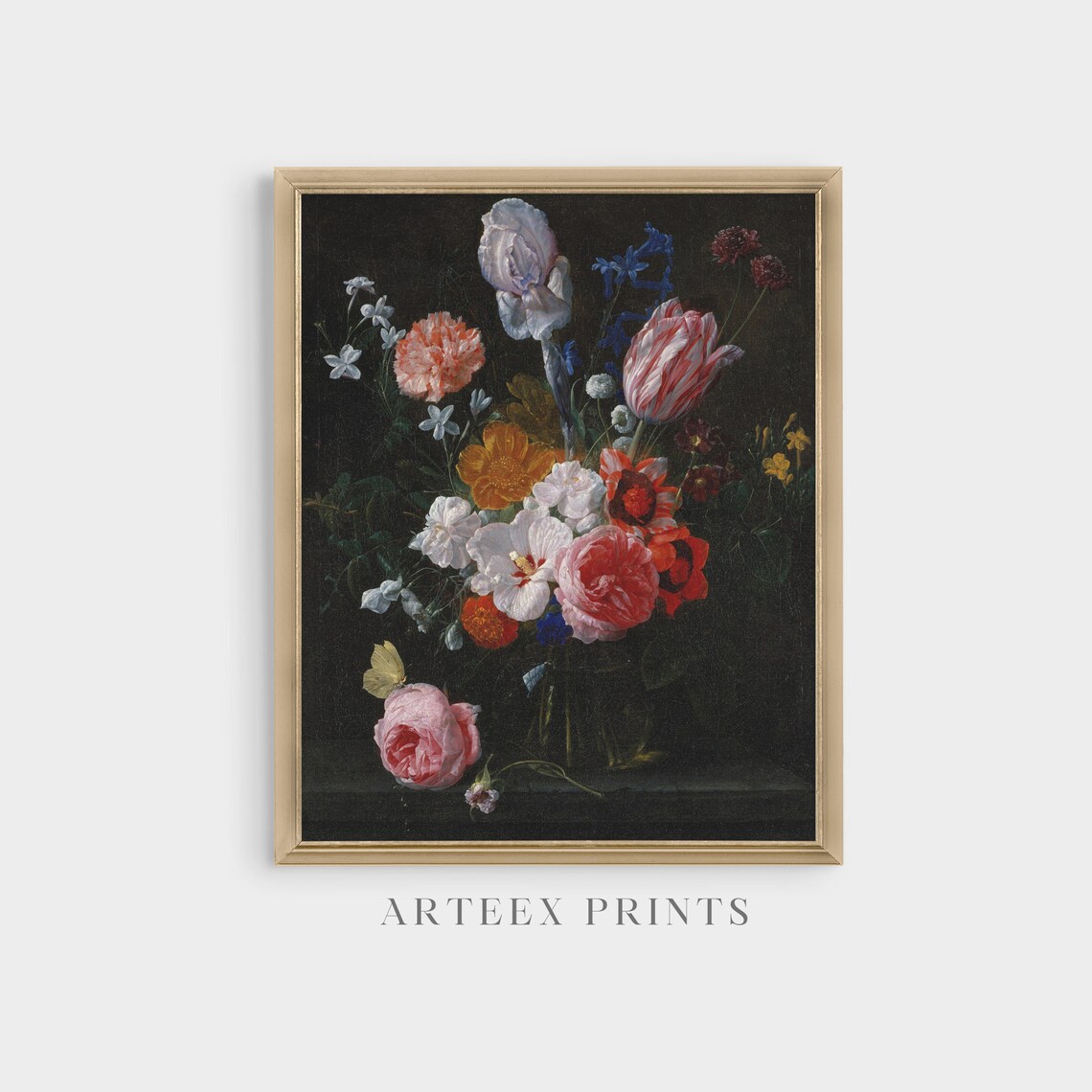 Dark Floral Still Life Bouquet with Tulips and Irises Poster - Image 4