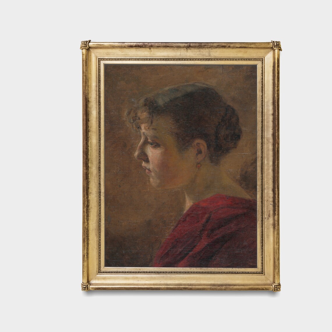 Young Woman in Red Shawl Profile Vintage Portrait Oil Painting Poster - Image 3