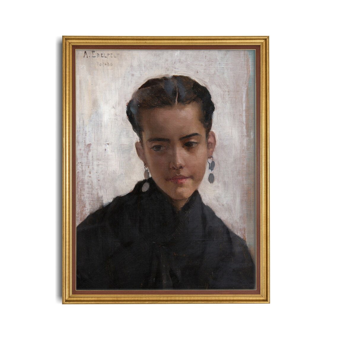 Antique Portrait of a Young Girl in Black Dress Vintage Oil Poster - Image 3