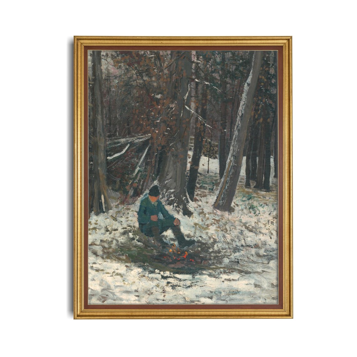 Woodsman Resting by a Campfire in a Snowy Forest Vintage Poster - Image 4
