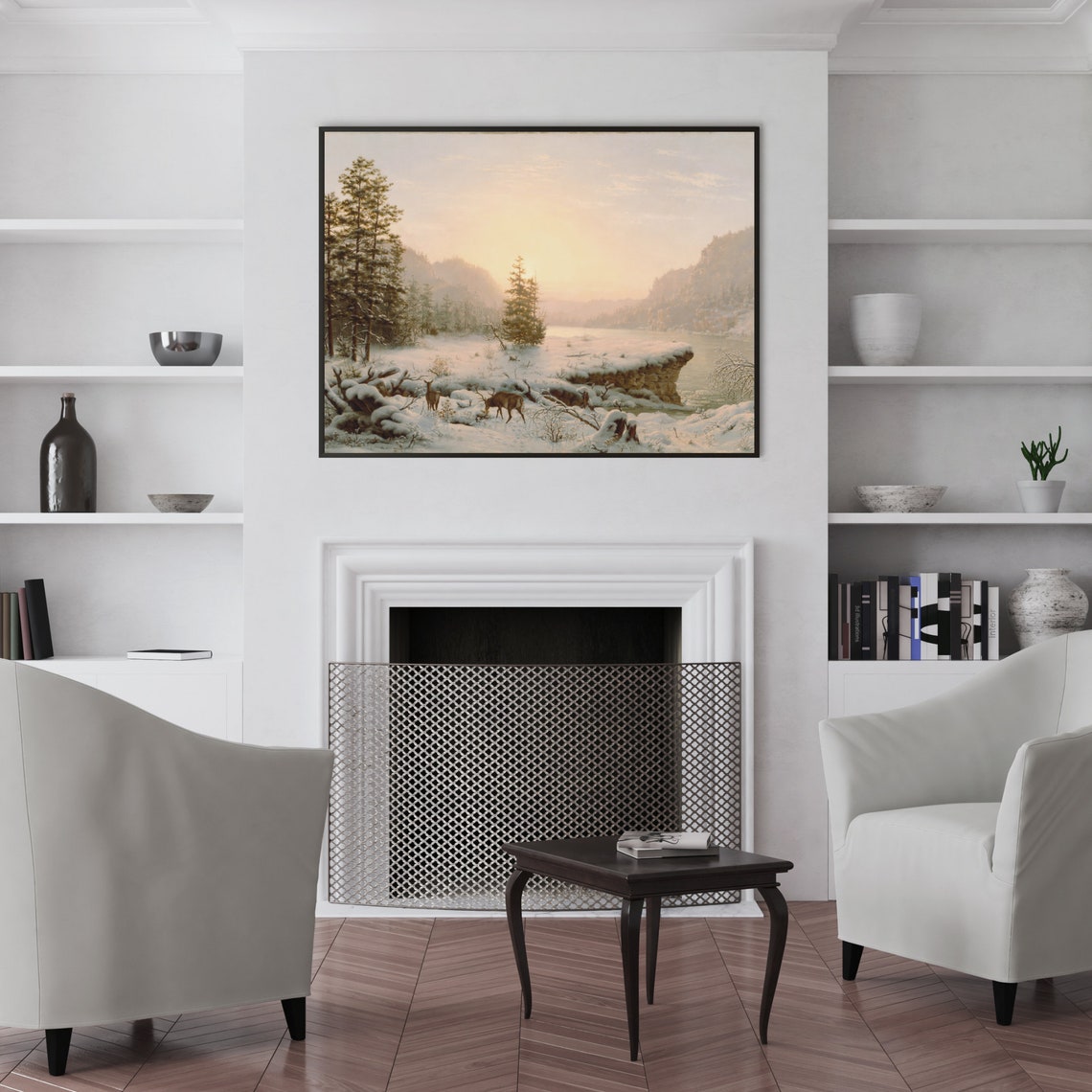 Deer Grazing at a Snowy Lakeshore Beneath a Winter Sunrise Poster - Image 2