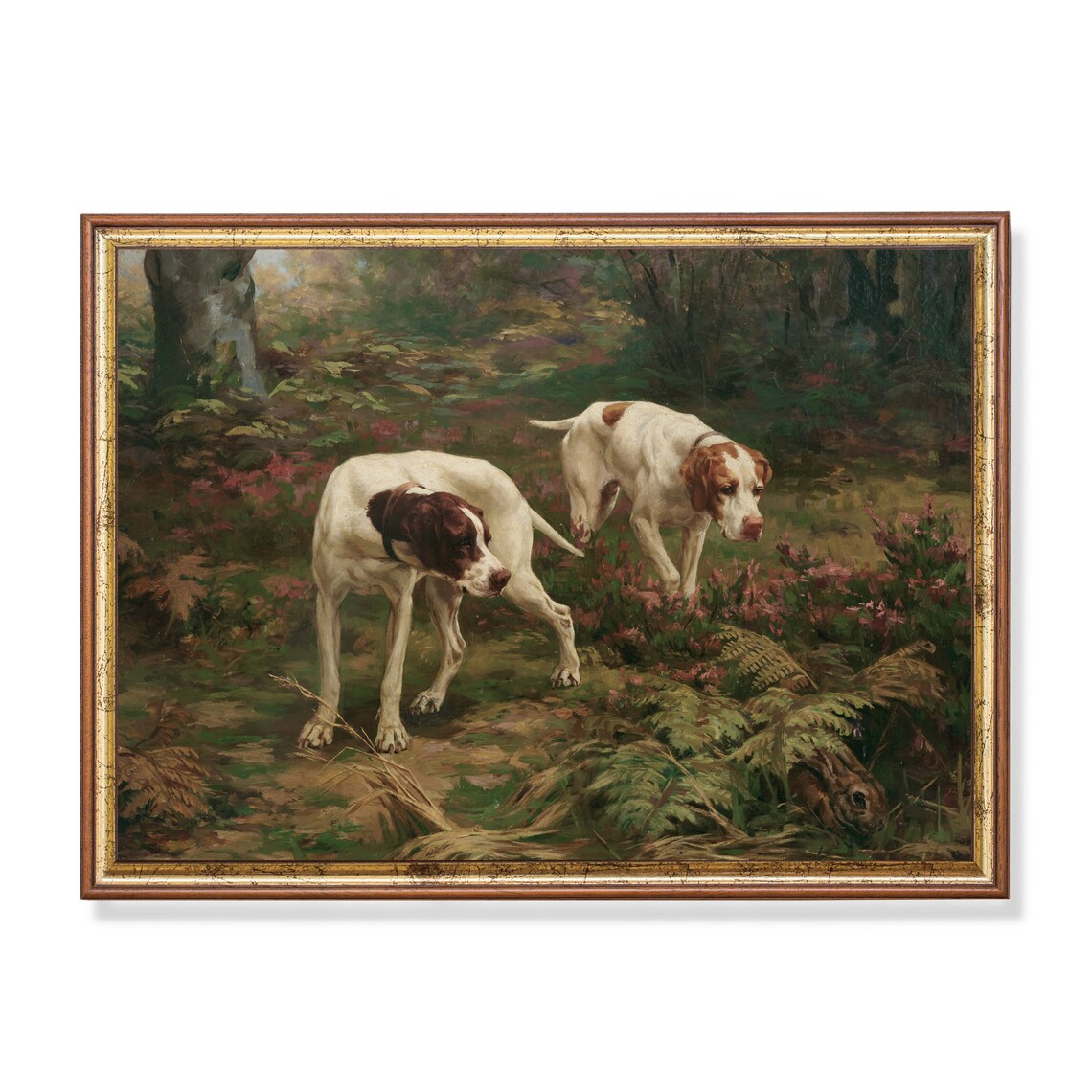 Two Pointer Dogs and a Hare in Woodland Antique Hunting Scene Poster