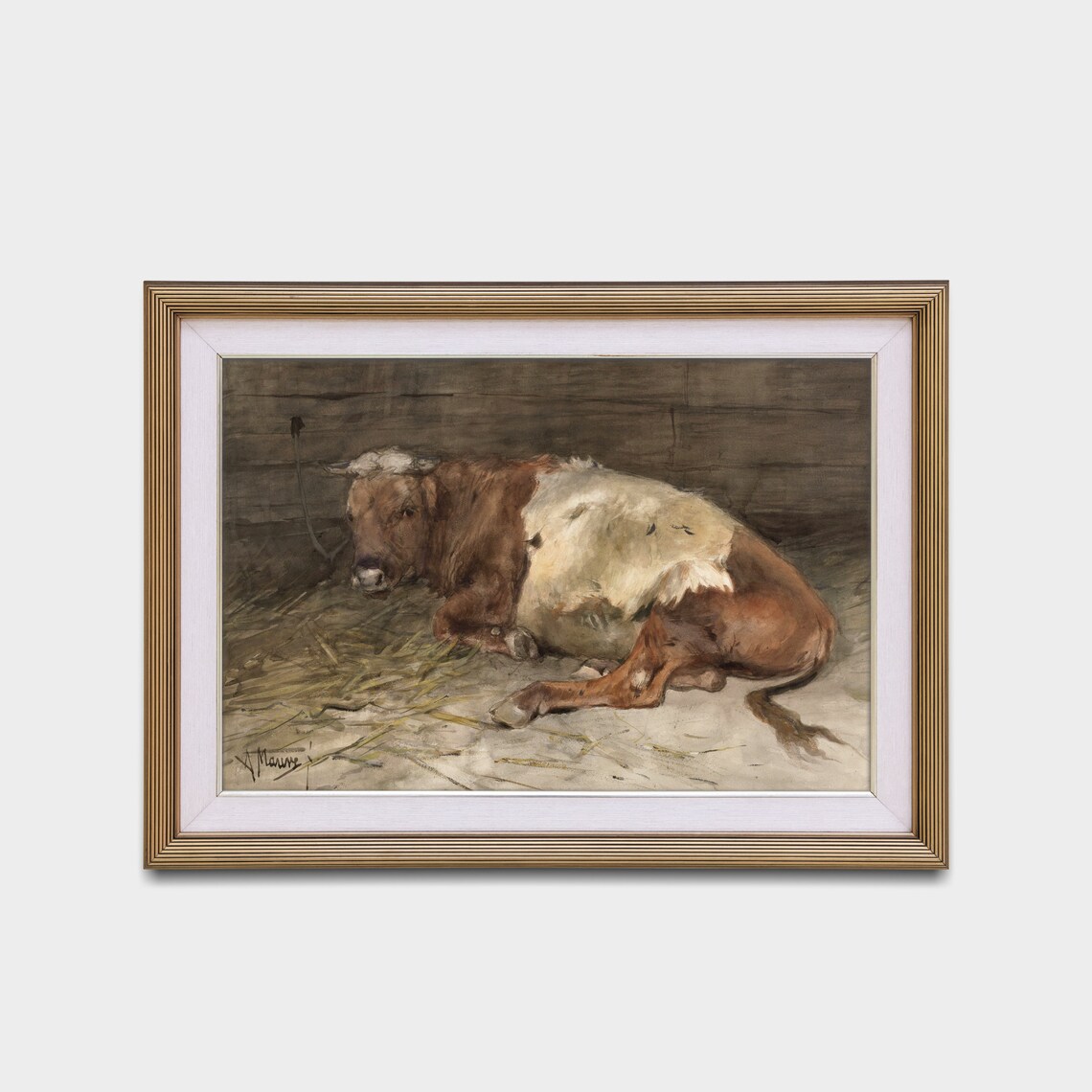 Young Bull Lying in Straw Signed Anton Mauve Farm Animal Poster - Image 2