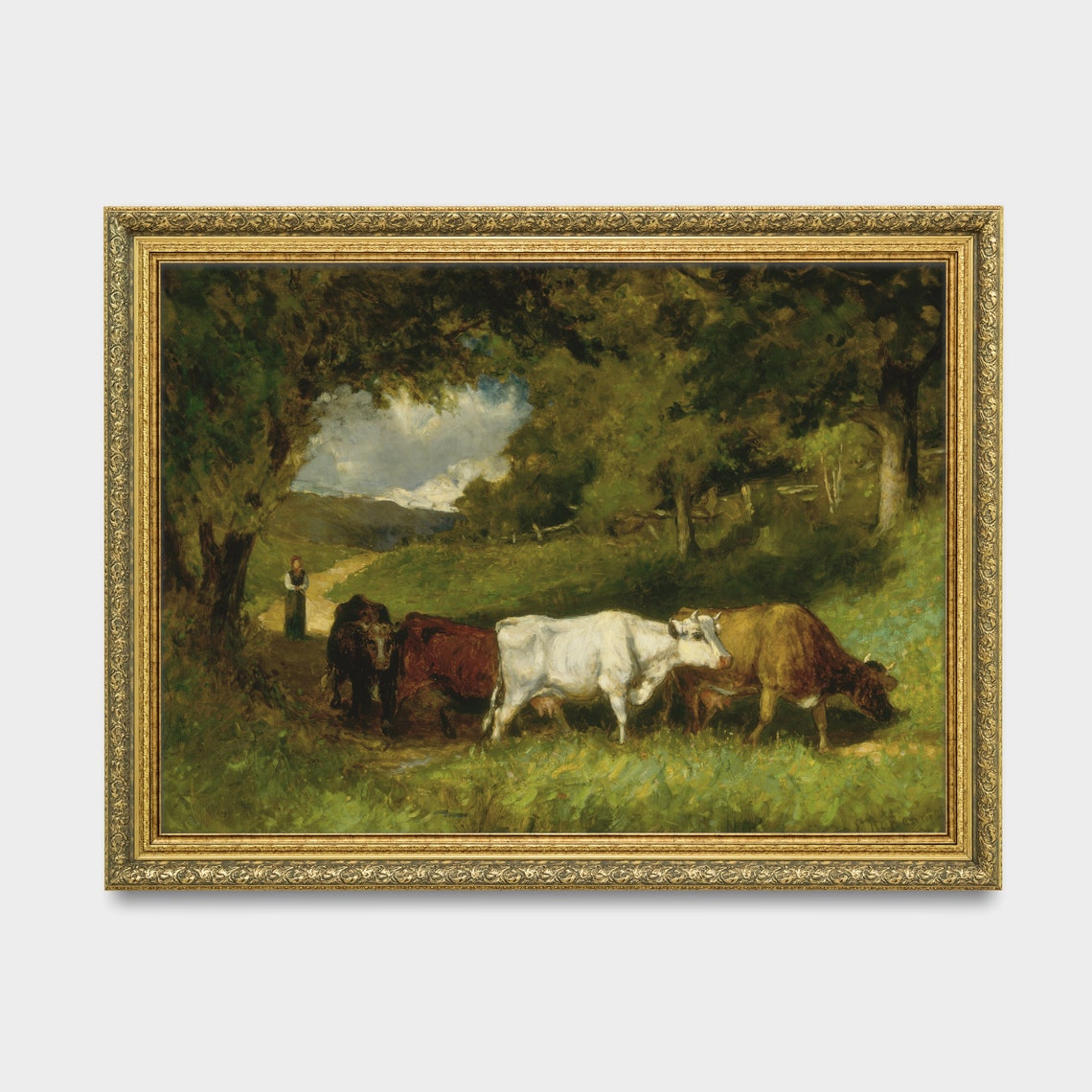Cattle Herd Walking a Shaded Woodland Path with a Young Herder Poster - Image 3