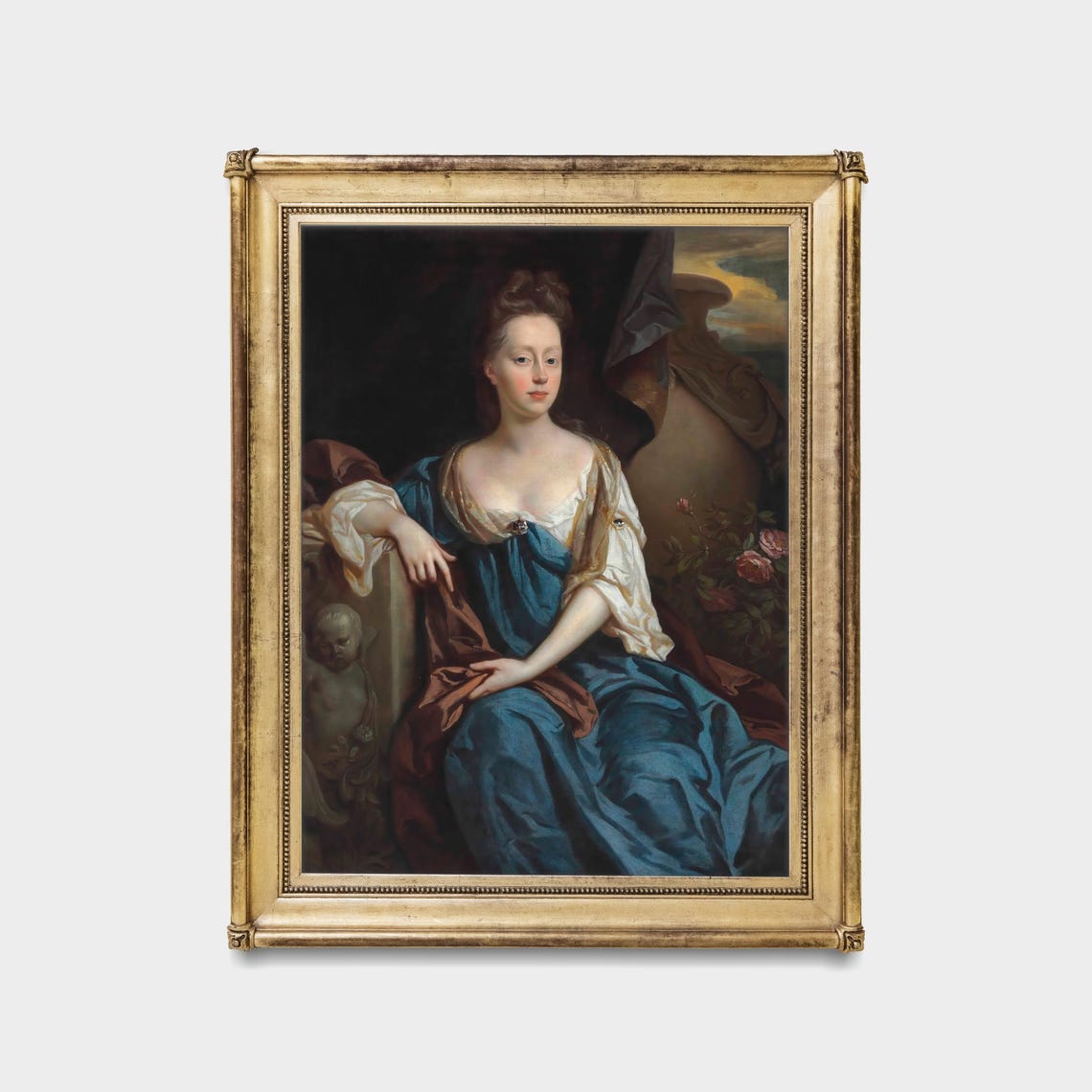 Baroque Lady in Teal Gown Cherub Statue Classic Portrait Poster - Image 5