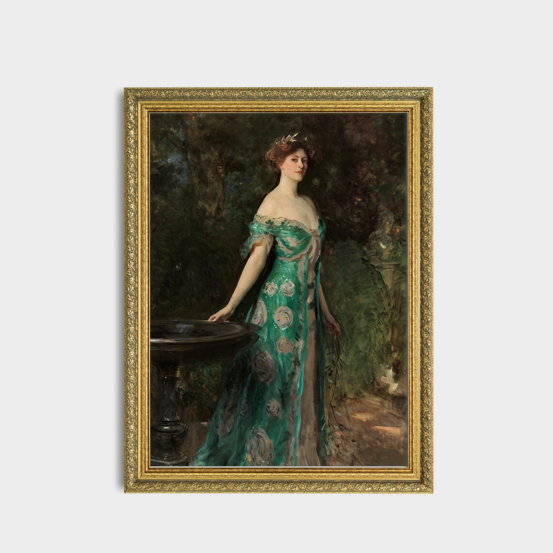 Elegant Lady in Emerald Green Gown by a Garden Fountain Poster - Image 3