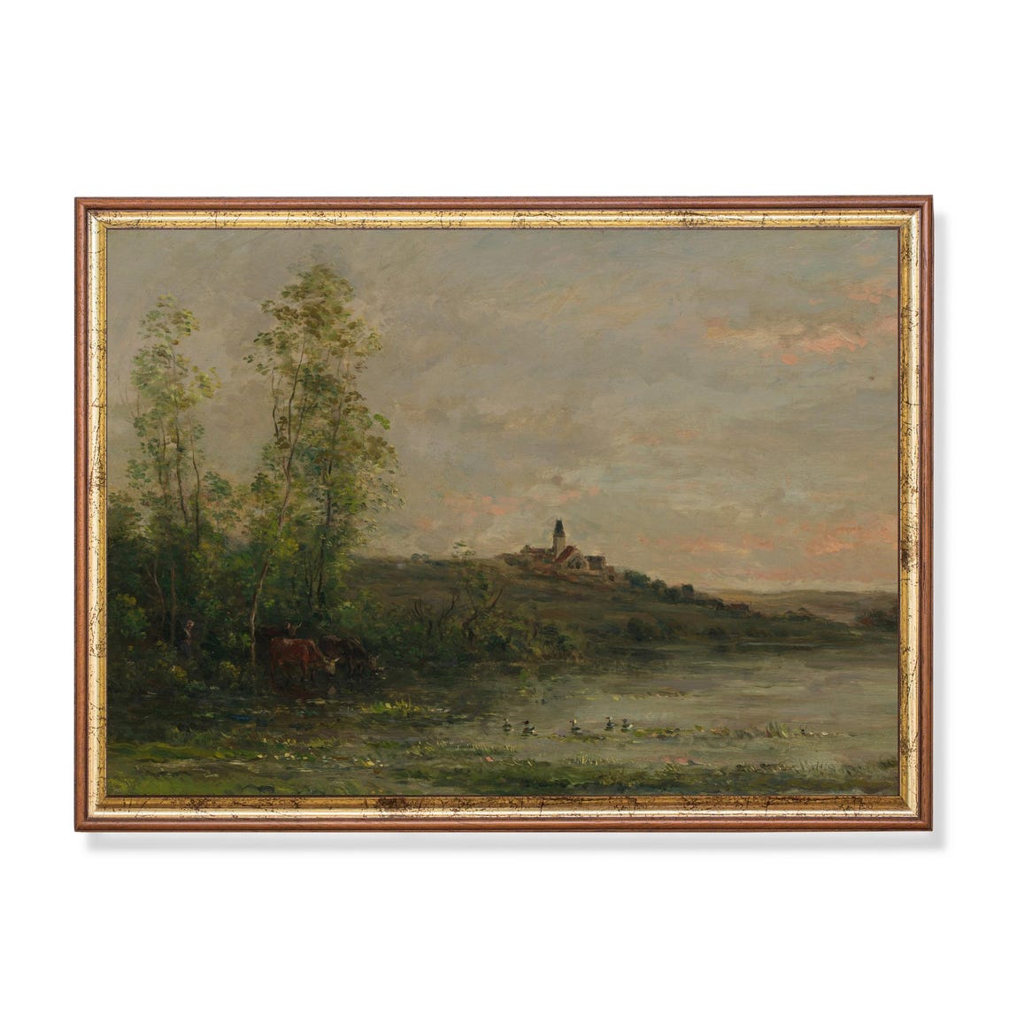 Cows Watering Lake Village Church Hill Barbizon Landscape Art Poster