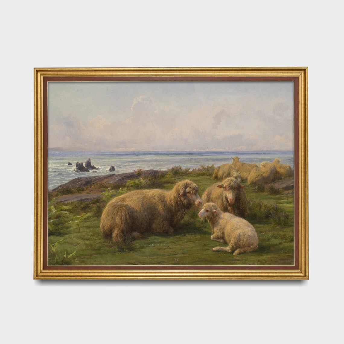Vintage Sheep by the Sea Art Print, Rustic Landscape - Image 3