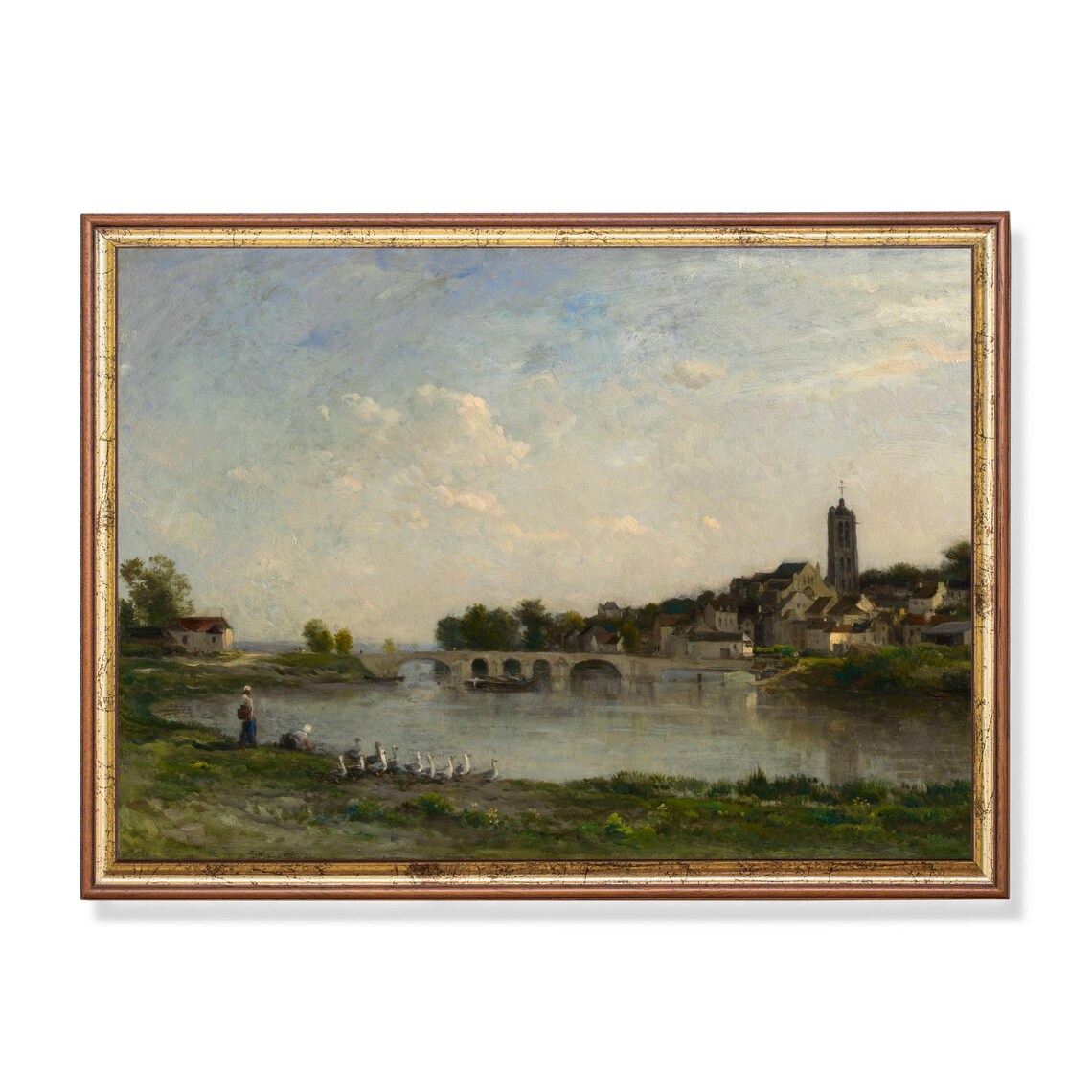 Antique Village River Scene with Bridge Church and Geese Poster