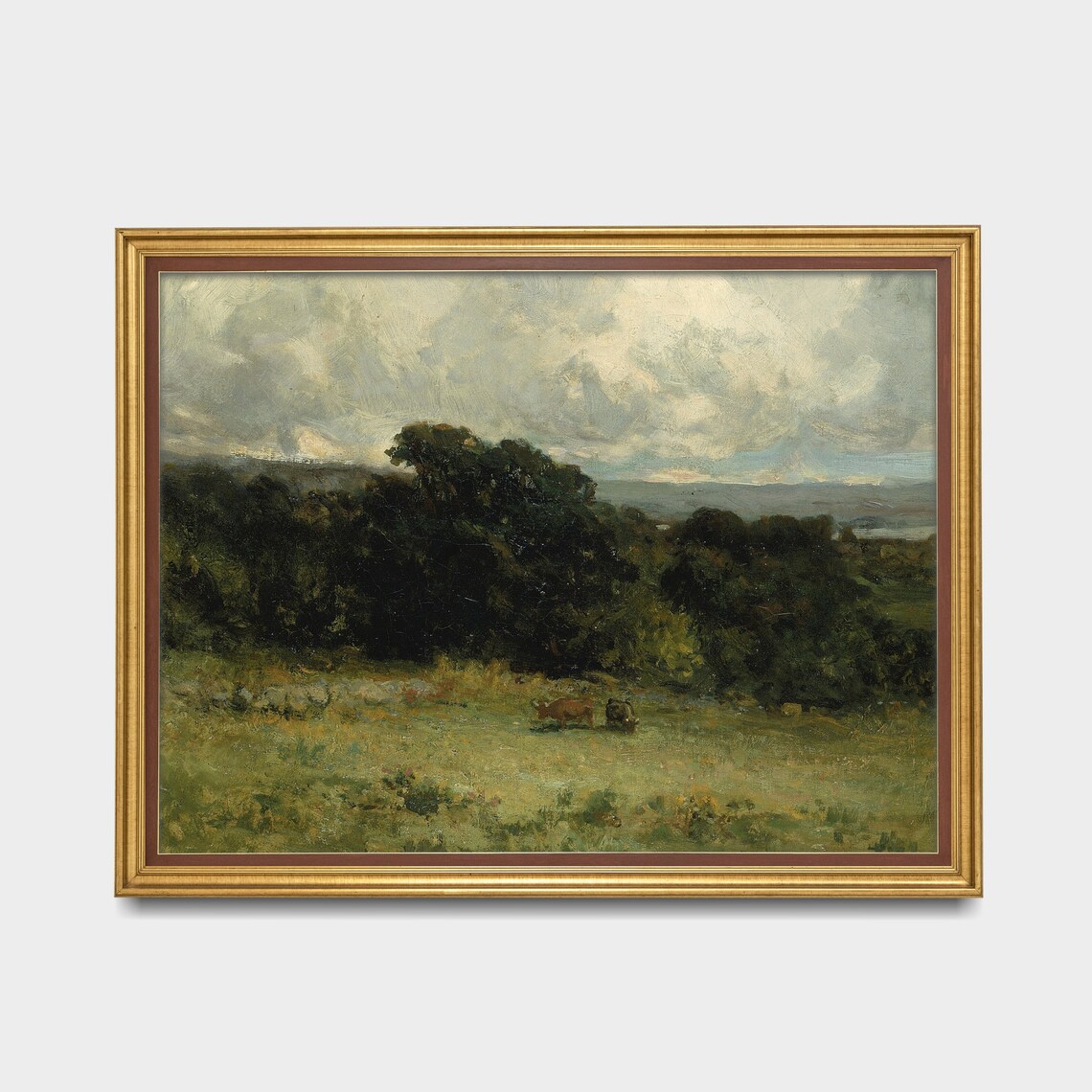 Cows Grazing in Wide Meadow Under Cloudy Sky Vintage Landscape Poster - Image 3