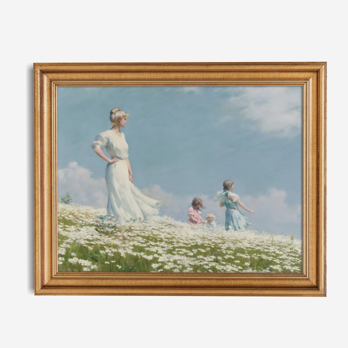 Woman and Children in Daisy Meadow Bright Summer Day Painting Poster - Image 3