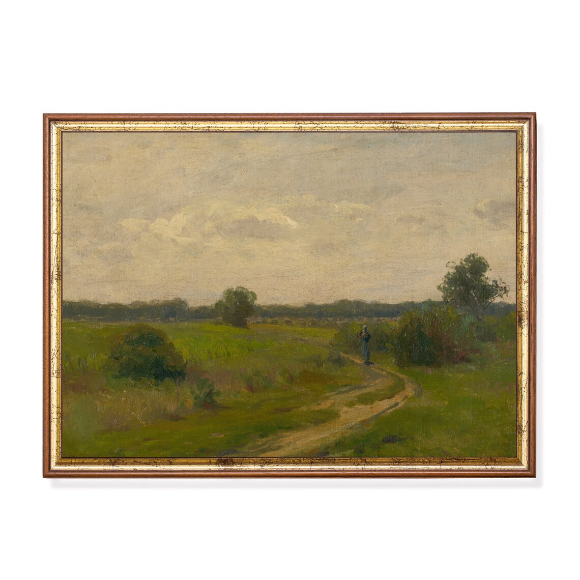 Lone Walker on a Winding Country Path Vintage Landscape Poster