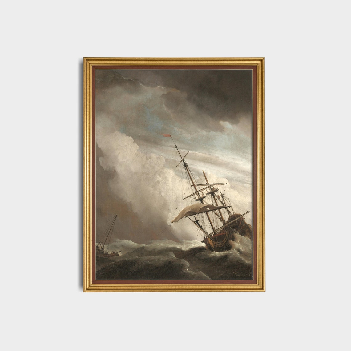 Vintage Sailing Ship Painting Antique Moody Print Ocean Seascape Rustic Art Wall Art Nautical Decor - Image 3