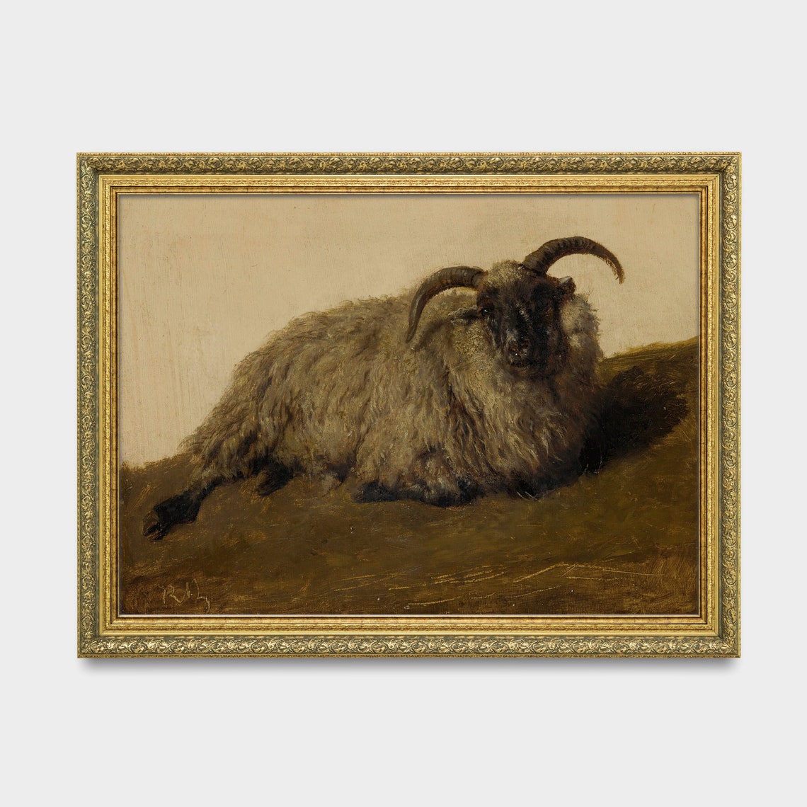 Horned Ram Resting on a Hillside Vintage Farm Animal Oil Poster - Image 3