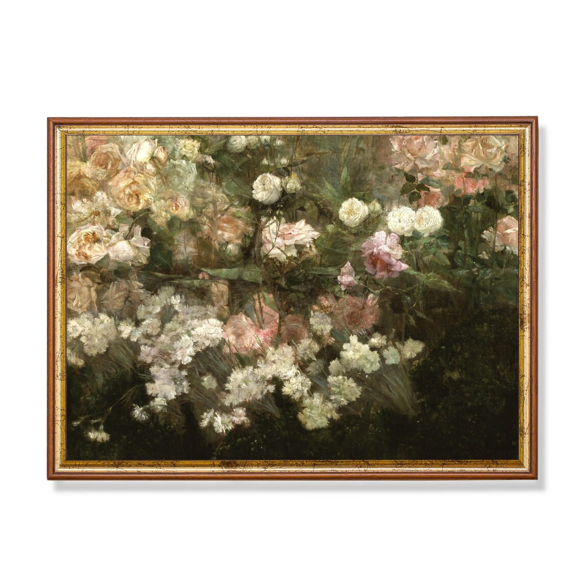 Blooming Roses and White Flowers Garden Vintage Floral Painting Poster