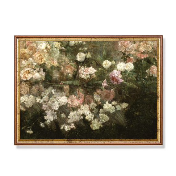 Vintage Rose Garden Painting Antique Floral Print Moody Rustic Oil Painting Print Flower Decor Wall Art