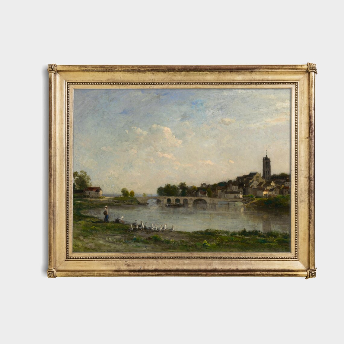 Antique Village River Scene with Bridge Church and Geese Poster - Image 4